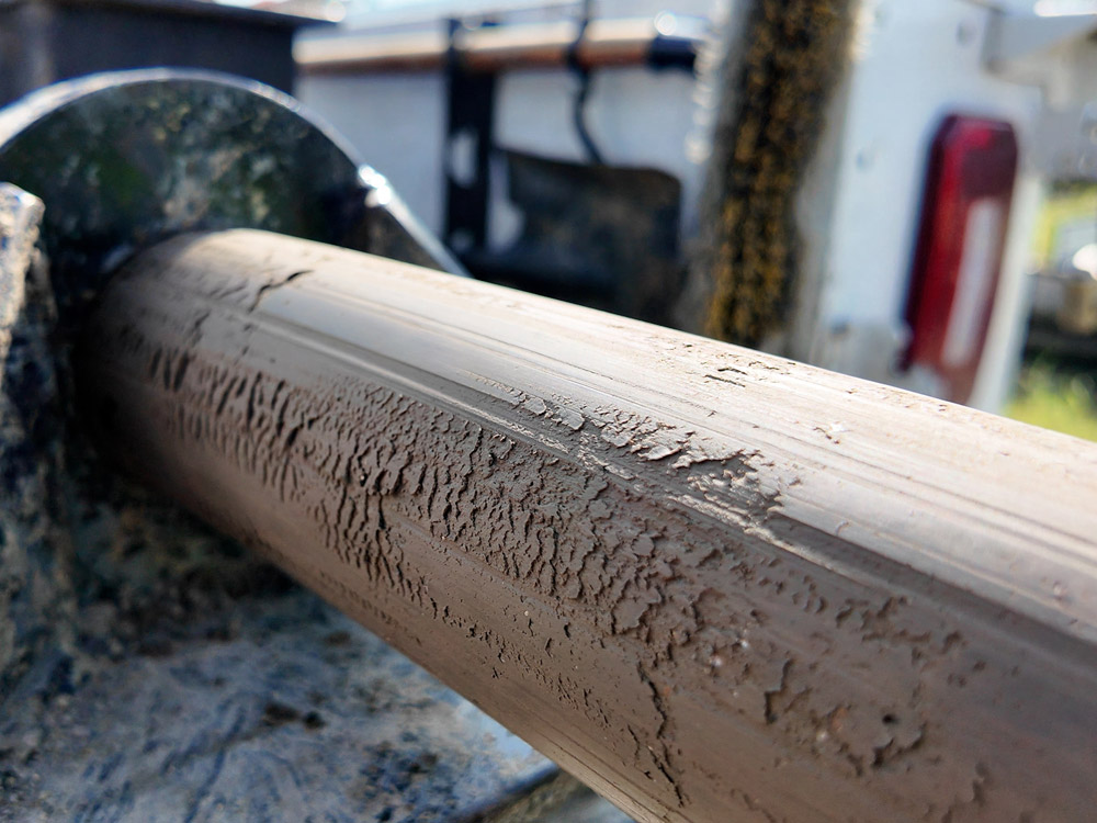 Core soil sample extracted from a 3-inch boring pipe, prepared for geotechnical PVR analysis