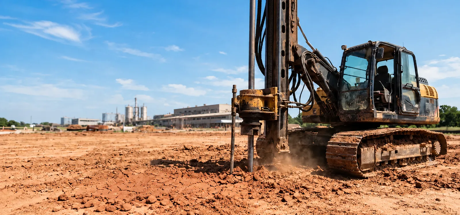 Heavy machinery drilling into expansive clay soil for an industrial soil stabilization project in Texas.